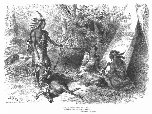 HIAWATHA & MINNEHAHA. Wood engraving from a 19th century edition of The Song of Hiawatha by Henry Wadsworth Longfellow, illustrated by Felix O. C. Darley