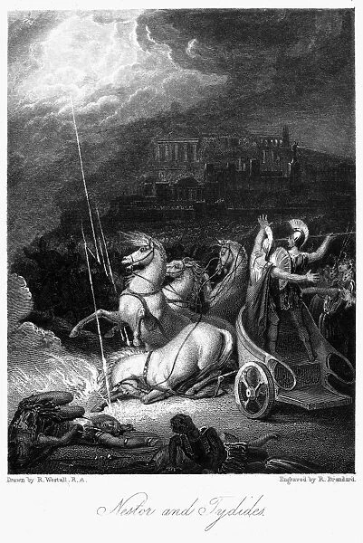 HOMER: THE ILIAD. The chariot of Nestor and Tydides (also known as Diomedes) thwarted in battle by Zeus lightning bolts. Steel engraving, English, c1830, after Richard Westall