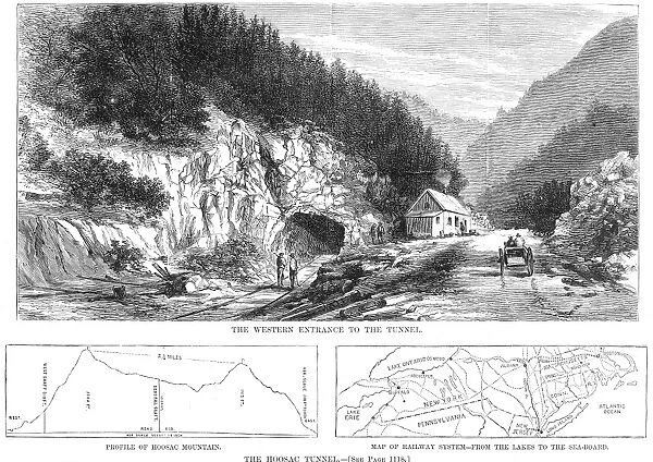 HOOSAC TUNNEL, 1873. The western entrance to the Hoosac Tunnel, which travels five miles through the Hoosac Mountain Range in Massachusetts. Wood engraving, 1873