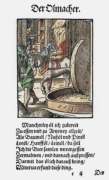 A horse-drawn oil press, used to extract edible and medicinal oils from seeds and vegetables. Woodcut, 1568, by Jost Amman