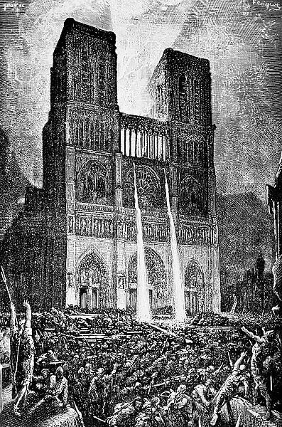 HUNCHBACK OF NOTRE DAME. Truants charging Notre Dame de Paris to rescue Esmaralda. Engraving from a 19th century French edition of Victor Hugos novel, first published in 1831