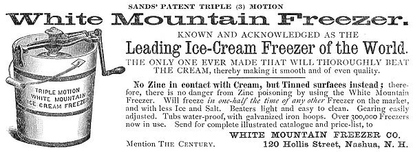 ICE CREAM FREEZER, 1887. Advertisement for an American ice cream freezer. Line engraving, 1887