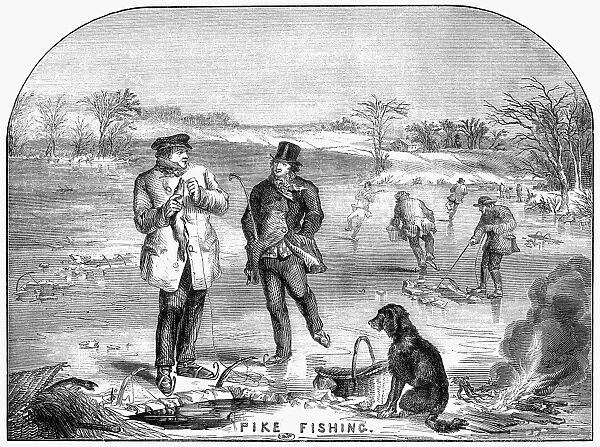ICE FISHING, 1854. Fishing for pike in the Adirondack Mountains, New York. Wood engraving, 1854
