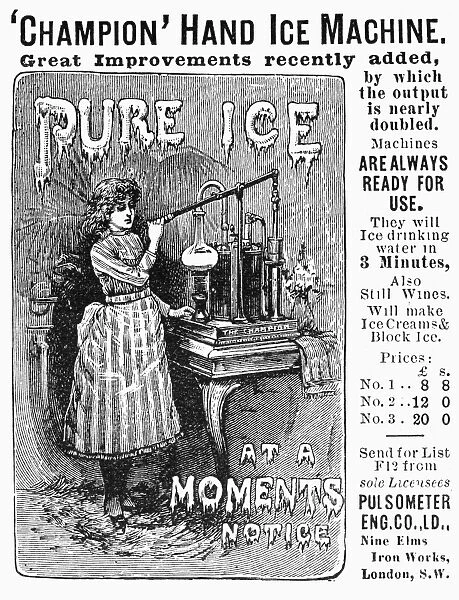 ICE MACHINE, 1891. Advertisement for an ice machine for use in private homes, from an English newspaper of 1891