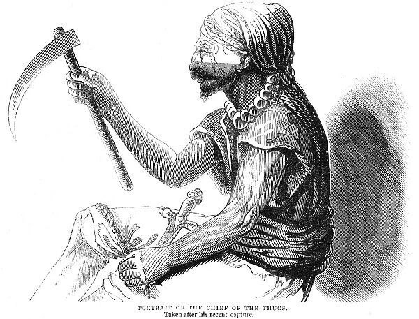 INDIA: CHIEF OF THUGS, 1843. Disguised as a travellers escort, with the upper part of his face painted white: wood engraving from an English newspaper of 1843