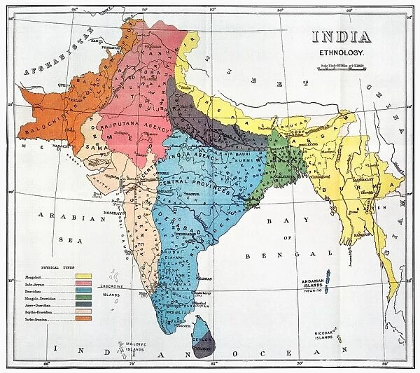 INDIA: MAP, 19th CENTURY. Map of India depicting the seven ethnological classifications developed by Sir Herbert Hope
