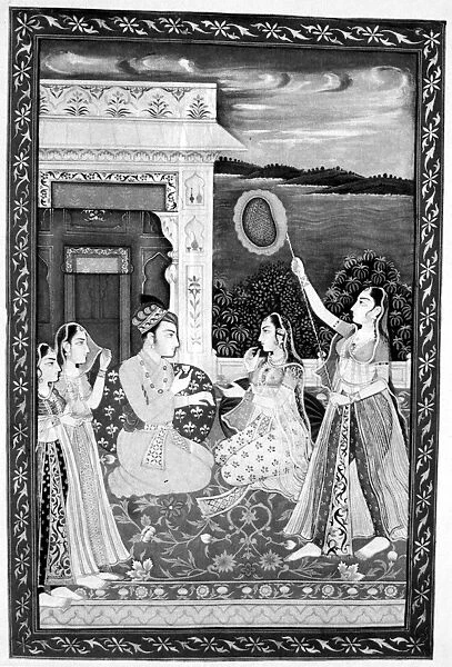 INDIA: ROMANCE, c1850. A nobleman entertaining his mistress at his lakeside palace