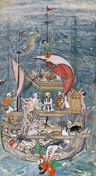 Detail of an Indian Mughal painting, c1590, depicting Noahs Ark threatened, according to Muslim tradition, by Iblis, the devil, who was thrown overboard by Noahs sons