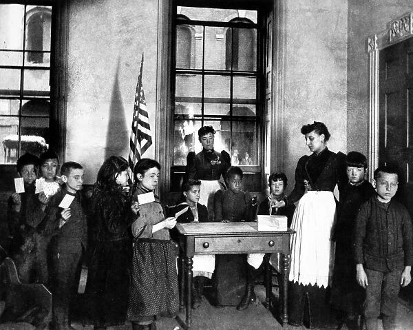 INDUSTRIAL SCHOOL, c1890. The First Patriotic Election in The Beach Street Industrial School, New York City. Photograph, c1890, by Jacob Riis