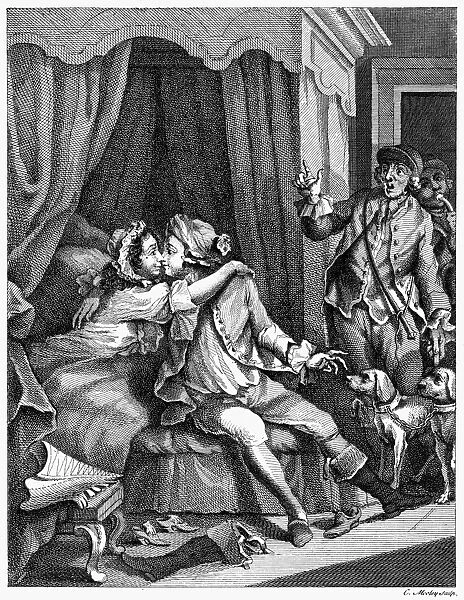 INFIDELITY, 18th CENTURY. A husband surprises his wife with her lover. Line engraving, 18th century