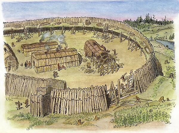 IROQUOIS VILLAGE, c1500. Artists reconstruction of part of a Huron Iroquois palisaded village