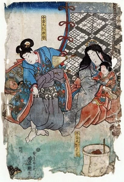 A Japanese woman with half-brothers Minamoto no Yoshitsune (1159-1189) and Minamoto no Yoritomo (1147-1199), who would later become warriors. Woodcut by Toyokuni Utagawa, 1840s