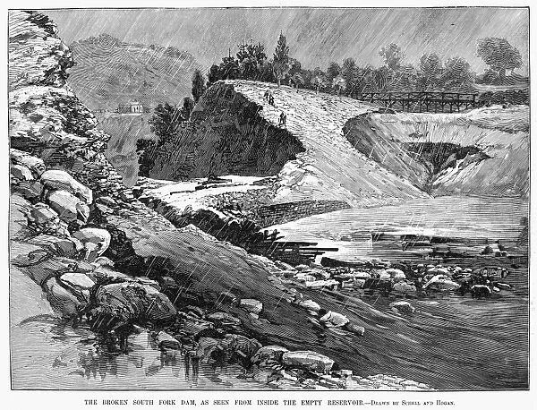 JOHNSTOWN FLOOD, 1889. The broken South Fork dam as seen from inside the empty