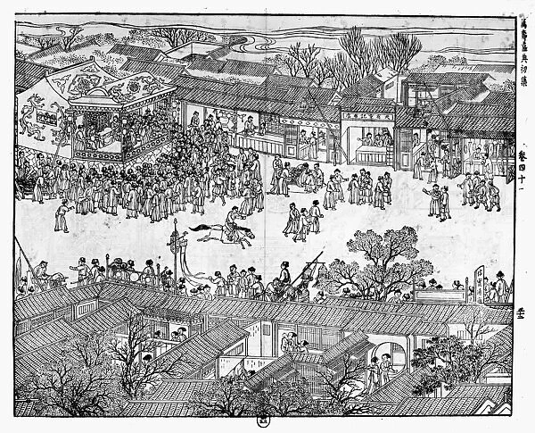 K ANG-HSI (1654-1722). Emperor of China, 1661-1722. Scene in Peking on the occasion of K ang Hsis arrival for the celebration of his 60th birthday. A crowd of men is gathered near a podium while women watch from courtyards, and shopkeepers look on from their businesses. Chinese woodcut, early 18th century