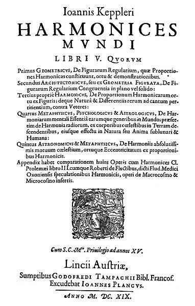 KEPLER: HARMONICES, 1619. Title page (first state) of the first edition of Johannes