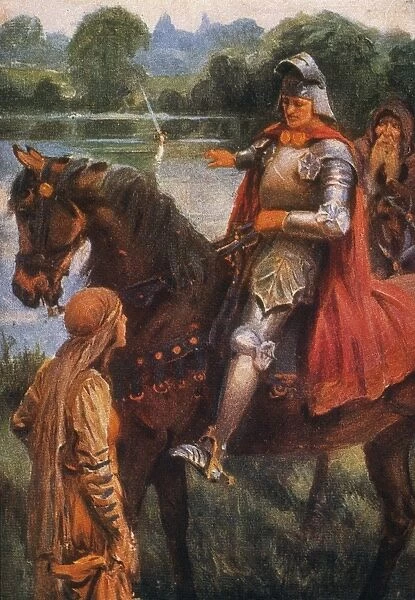 KING ARTHUR & EXCALIBUR. King Arthur sees the sword Excalibur in the lake: illustration