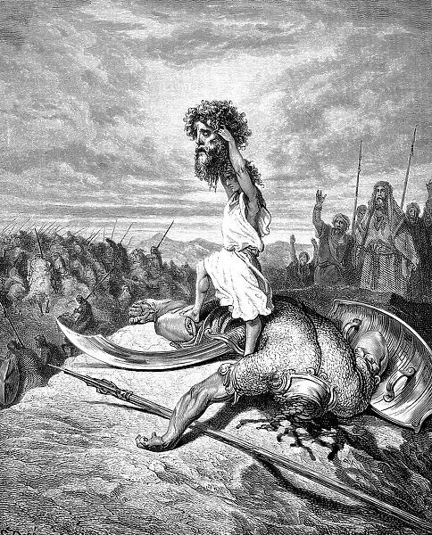 KING DAVID (d. 973 B. C. ). King of Judah and Israel. David and Goliath (I Samuel 17: 49, 51). Wood engraving after Gustave Dor