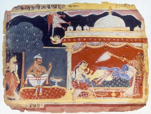 KRISHNA, c1525-1570. Krishna visiting Trivakra who massages his feet: from Bhagavata Purana