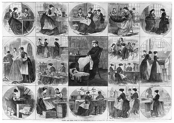 LABOR: WOMEN, 1868. Women and their work in the metropolis. Engraving from Harpers Bazaar by Stanley Fox, 1868