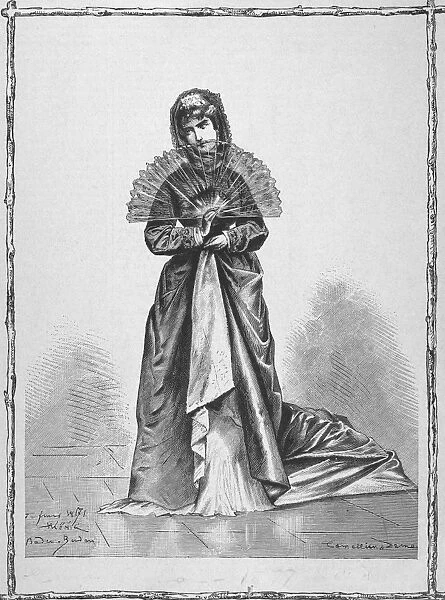 LADY WITH FAN, 1871. A fashionable woman at Baden-Baden. Wood engraving, German, 1871
