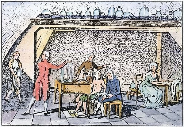 LAVOISIER LABORATORY. The laboratory of Antoine Laurent Lavoisier (1743-1794) who is studying the chemistry of breathing, while Madame Lavoisier, who made the drawing, takes notes at right