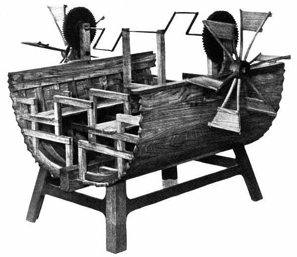 LEONARDO: PADDLE BOAT. Model of a paddle boat based on Leonardo da Vincis design