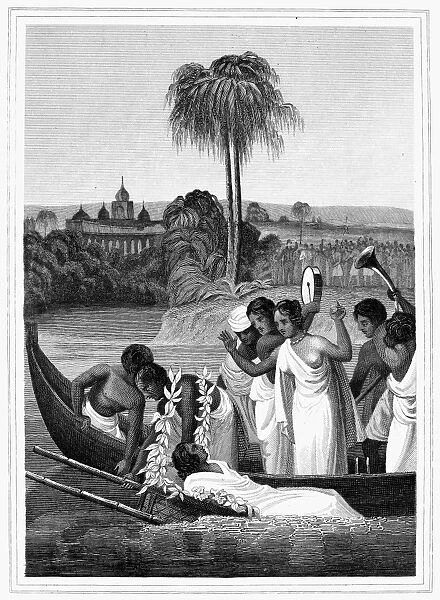 LEPER, 1837. Drowning a leper in India. Steel engraving, American, 1837