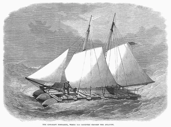 LIFE-RAFT NONPAREIL, 1867. The American pontoon raft Nonpareil, which a crew of 3 brought from Southampton, England, to New York in 43 days