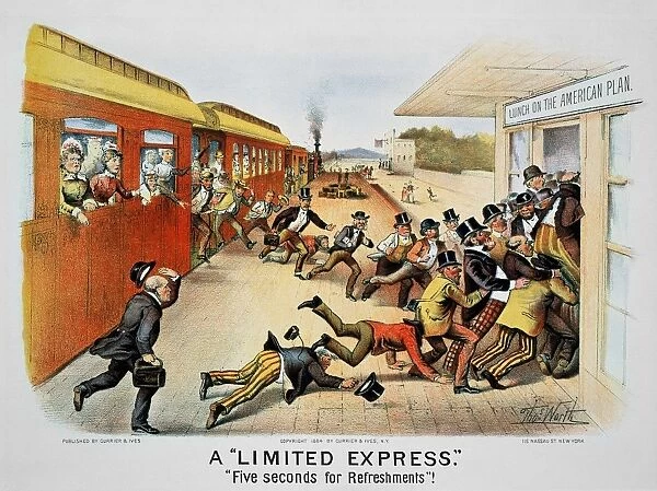 LIMITED EXPRESS, 1884. A Limited Express, Five Seconds for Refreshments! Lithograph cartoon, 1884, by Currier & Ives
