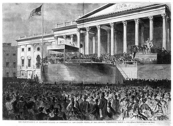 LINCOLNs INAUGURATION. The Inauguration of Abraham Lincoln as the Sixteenth President of the United States, at Washington, D. C. on 4 March 1861. Wood engraving from a contemporary American newspaper