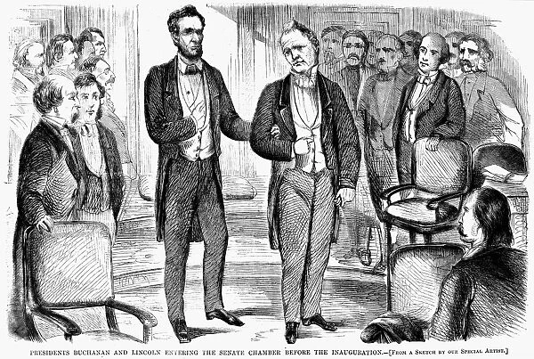 LINCOLNs INAUGURATION. President James Buchanan and Abraham Lincoln entering the Senate chamber before Lincolns inauguration as 16th President of the United States at Washington, D. C. 4 March 1861. Wood engraving from a contemporary American newspaper