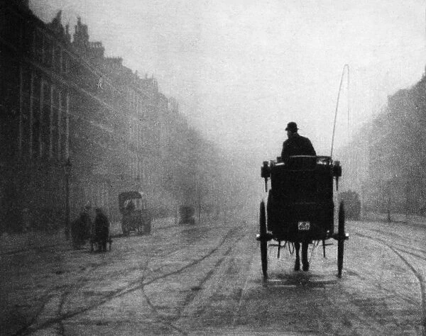 LONDON: FOG, c1905. Alvin Langdon Coburns photograph Portland Place, c1905, showing a hansom cab in winter fog on Portland Place in the fashionable Marylebone area of central London