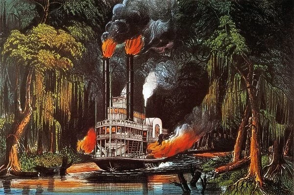 LOUISIANA: STEAMBOAT, 1865. Through the Bayou by Torchlight. Lithograph, c1865