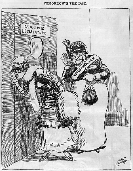 MAINE: WOMENs SUFFRAGE. Tomorrows the Day. Women listening at the door as the Maine State Legislature votes on an act to grant women the right to vote for presidential electors. Cartoon from a Maine newspaper of 1920