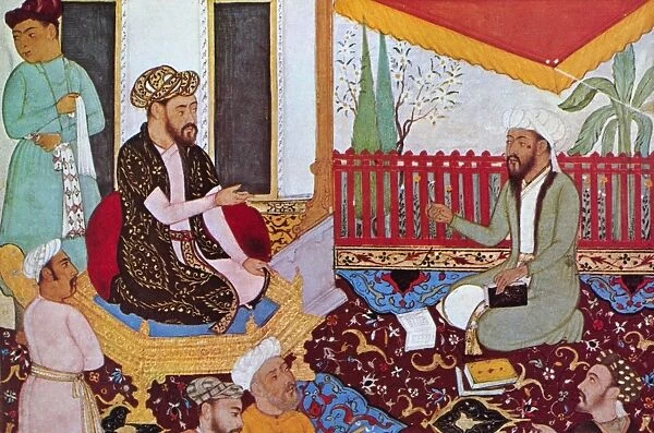 MANI (216-276). Persian religious leader. Mani (right) expounding his teachings to a prince