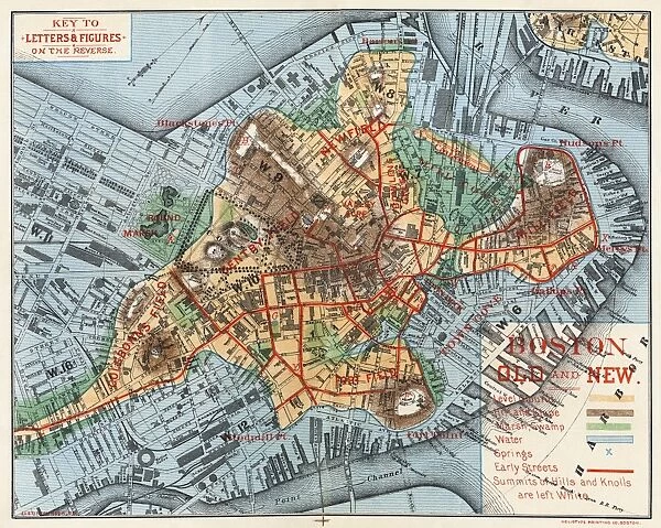 MAP: BOSTON, c1880. Boston Old and New. A map of Boston, Massachusetts, c1880, by Justin Winsor, showing the citys expansion through landfill