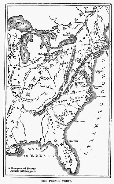 MAP: COLONIAL AMERICA. A map of the thirteen original American colonies and neighboring French and Spanish colonial possessions, mid-18th century. Line engraving, late 19th century