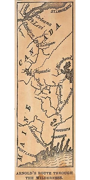 Map of the route through the Maine wilderness followed by the unsuccessful American expedition, under the leadership of Colonel Benedict Arnold, to capture Quebec in 1775. Wood engraving, 19th century