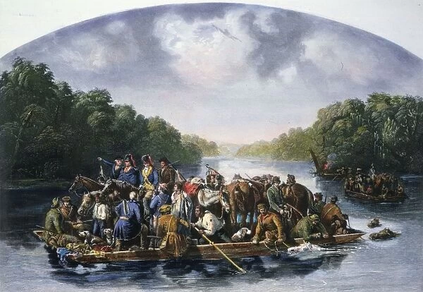 Marion and his men crossing the Pee Dee River to harass the British in South Carolina during the American Revolutionary War. Steel engraving, 1851, after a painting by William Tylee Ranney