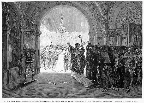 MASSENET: ESCLARMONDE. The exorcism scene of the premiere performance of Jules Massenets opera Esclarmonde at the Opera Comique, Paris, France, in 1889. Contemporary French wood engraving