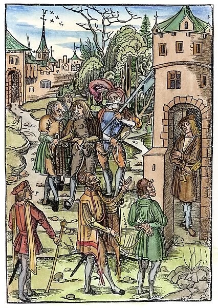 MEDIEVAL PRISON, 1509. Criminals being led to prison. Color woodcut, Augsburg, Germany