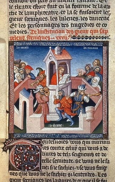 MEDIEVAL THEATER, c1410. Manuscript illumination from a French translation by Raoul