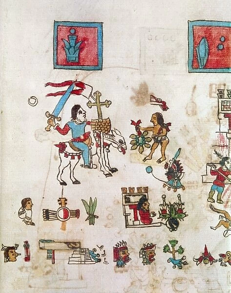 MEXICO: CORTES, 1519. Cortes is greeted by Montezumas messenger in 1519. Mexican Indian painting