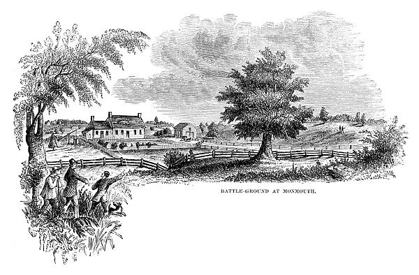 MONMOUTH BATTLEFIELD. The area in Monmouth County, New Jersey, where the Continental Army under General George Washington attacked a British column lead by Sir Henry Clinton, 28 June 1778. Wood engraving, American, 1893