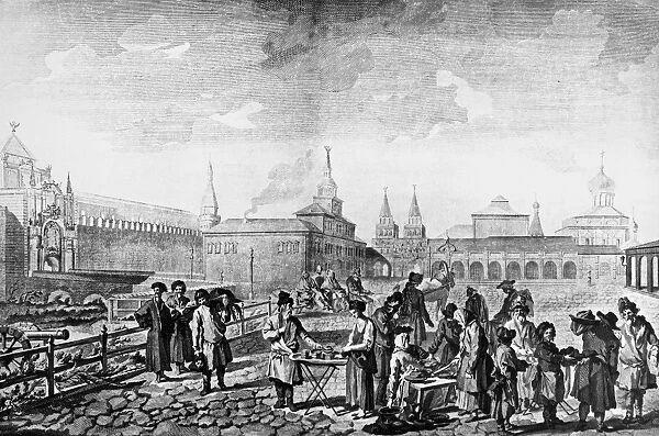 MOSCOW: RED SQUARE, c1762. Market in the Red Square in Moscow, Russia. Line engraving, c1762