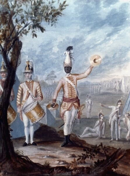 Two musicians in Comte de Rochambeaus expeditionary corps in America during the American Revolutionary War, 1780. Gouache by Nicolas Hoffmann