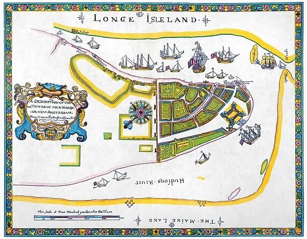 NEW AMSTERDAM MAP, 1661. A description of New Amsterdam, as it was in September 1661. Color wood engraving after the original of 1664