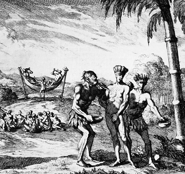 NEW WORLD: EL DORADO, 1727. The gilding of El Dorado. Attendants puff gold dust on his body through a tube while his lords carouse in their hammocks. Line engraving, 1727