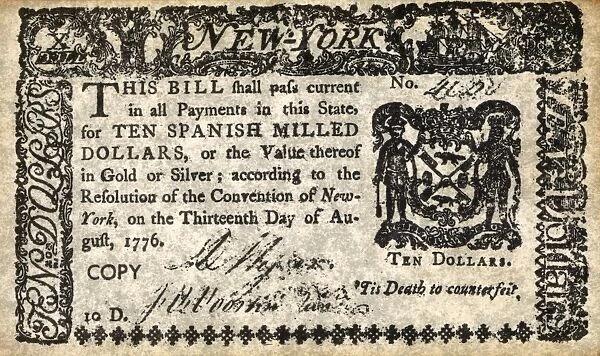 NEW YORK BILL, 1776. Bill for ten Spanish milled dollars issued according to the resolution of the Convention of New York, 13 August 1776