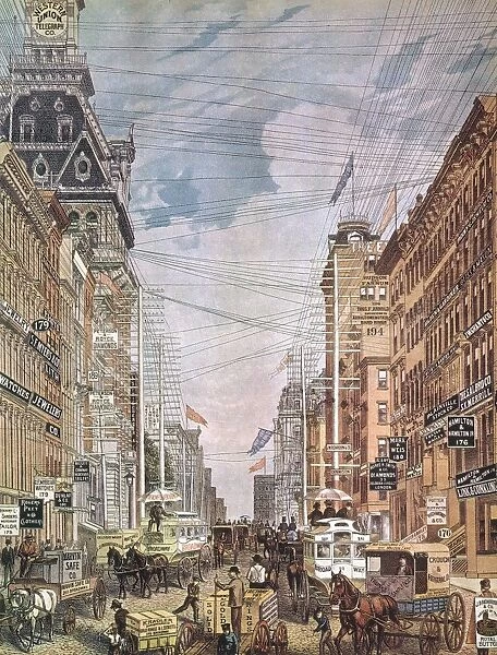 NEW YORK CITY, c1885. The business district of lower Manhattan in New York City encircled in a web of overhead electricity, telephone, and telegraph wires: American lithograph, c1885